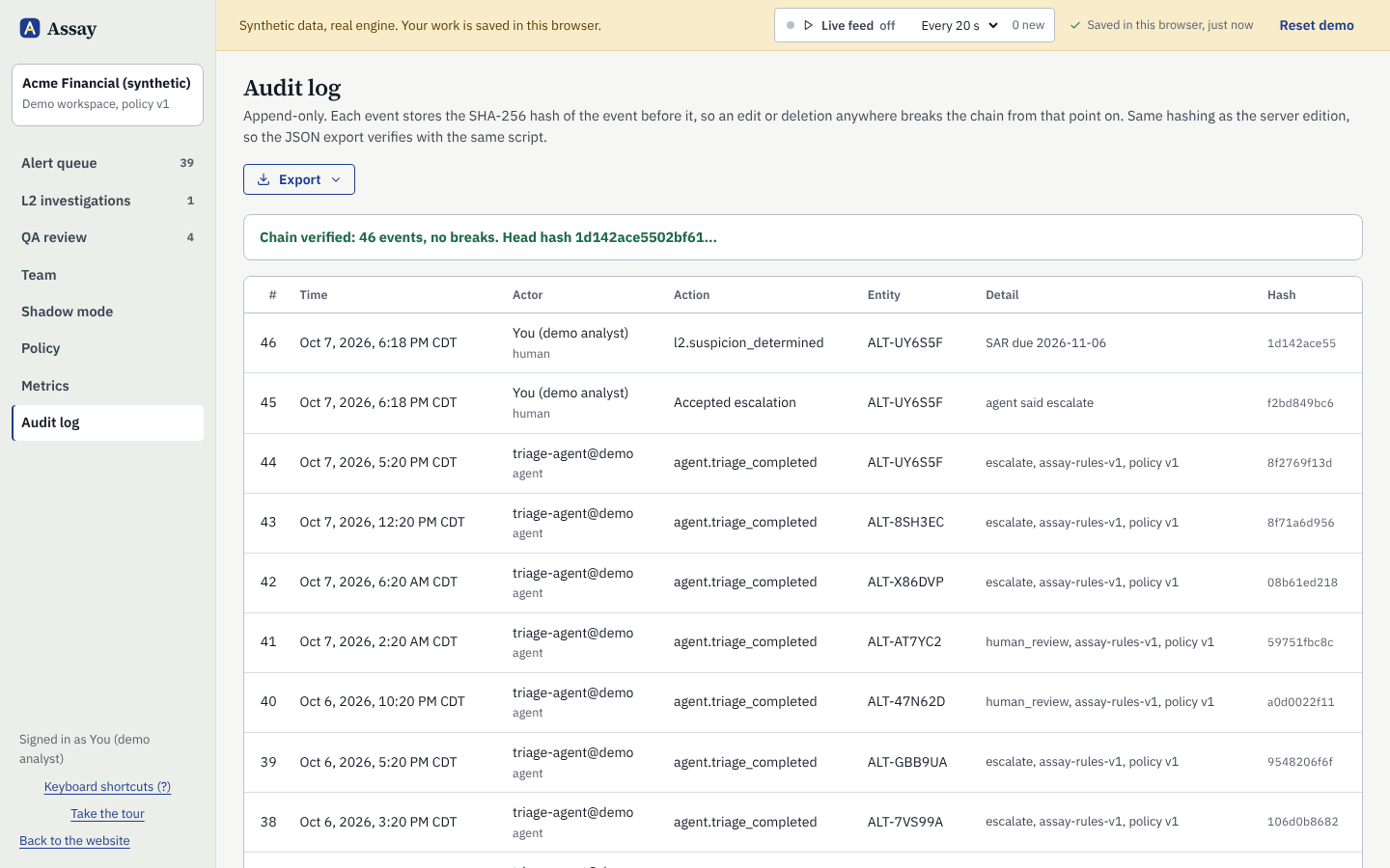 The Assay audit log: agent runs, analyst decisions and policy changes, each with a hash and the policy version.